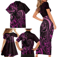 Pink Aotearoa Horse Racing Family Matching Short Sleeve Bodycon Dress and Hawaiian Shirt NZ Maori Pattern LT14 - Polynesian Pride