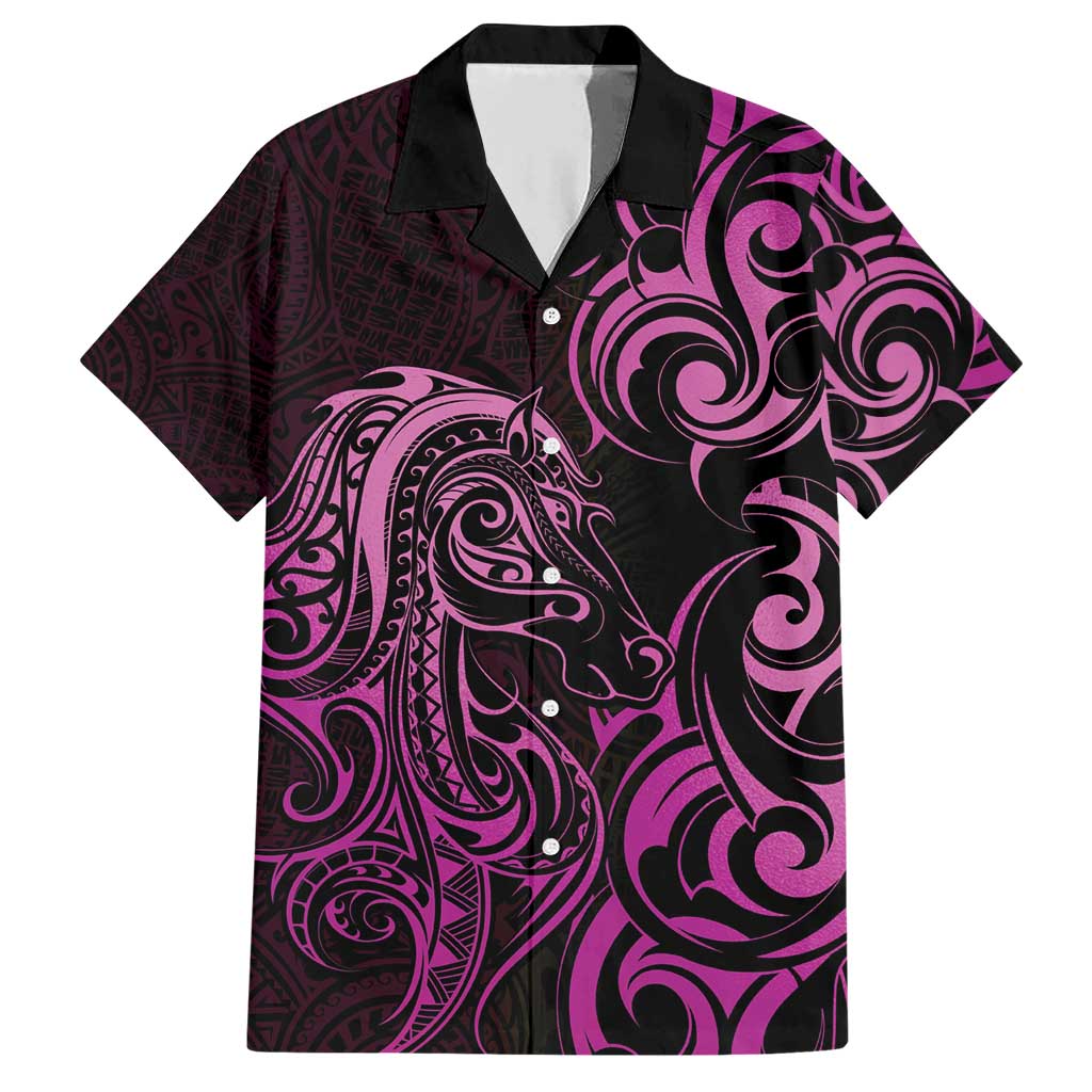 Pink Aotearoa Horse Racing Family Matching Short Sleeve Bodycon Dress and Hawaiian Shirt NZ Maori Pattern LT14 Dad's Shirt - Short Sleeve Pink - Polynesian Pride