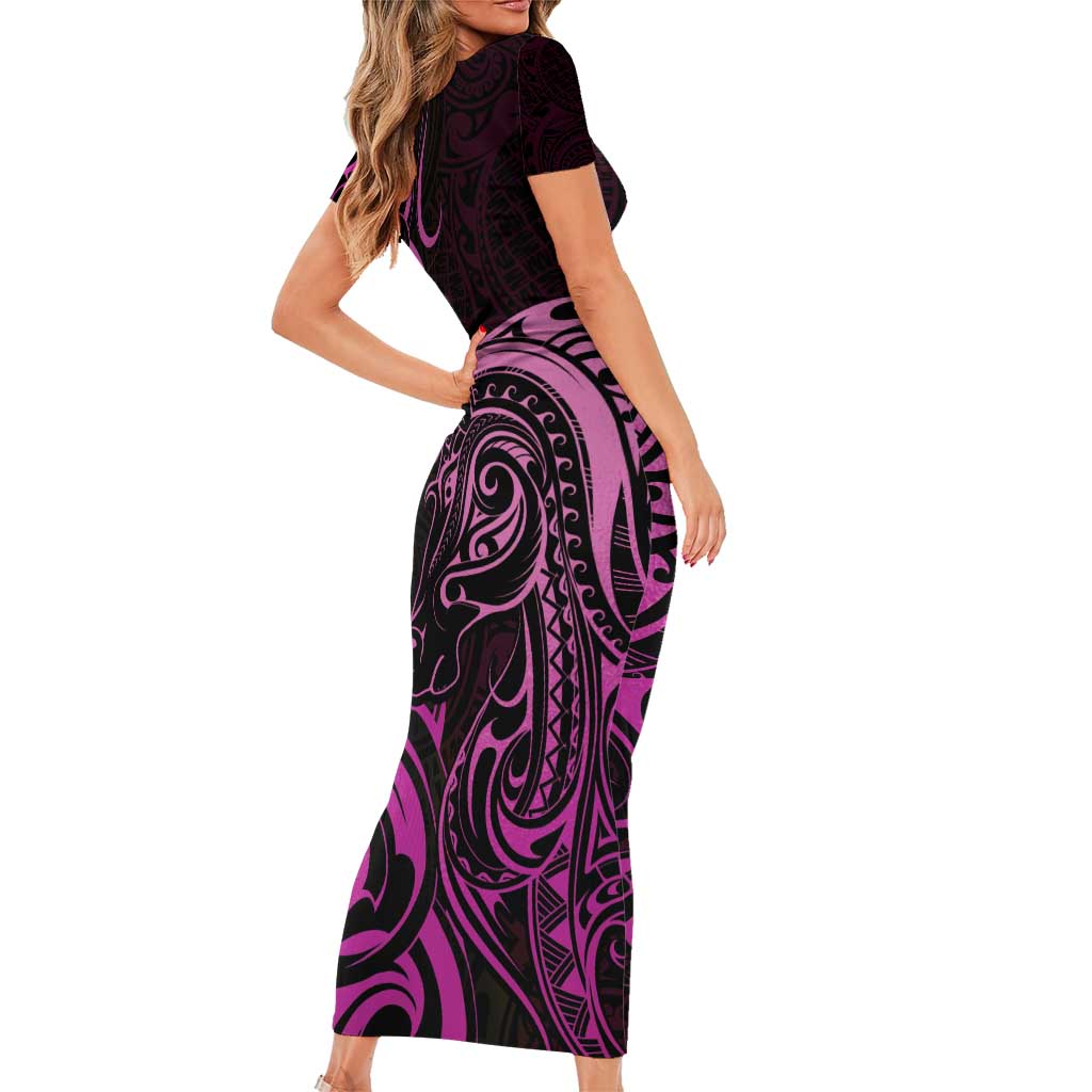 Pink Aotearoa Horse Racing Family Matching Short Sleeve Bodycon Dress and Hawaiian Shirt NZ Maori Pattern LT14 - Polynesian Pride