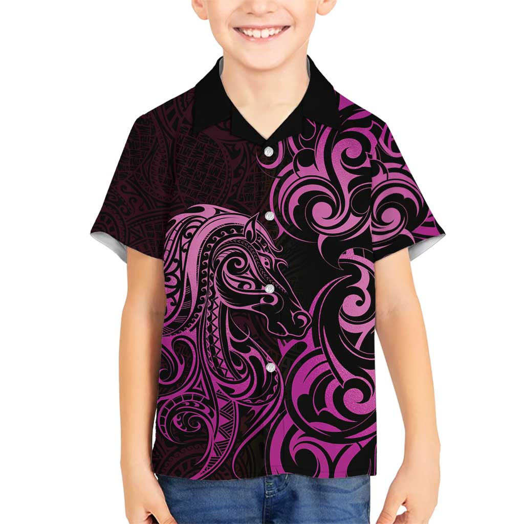 Pink Aotearoa Horse Racing Family Matching Summer Maxi Dress and Hawaiian Shirt NZ Maori Pattern LT14 Son's Shirt Pink - Polynesian Pride