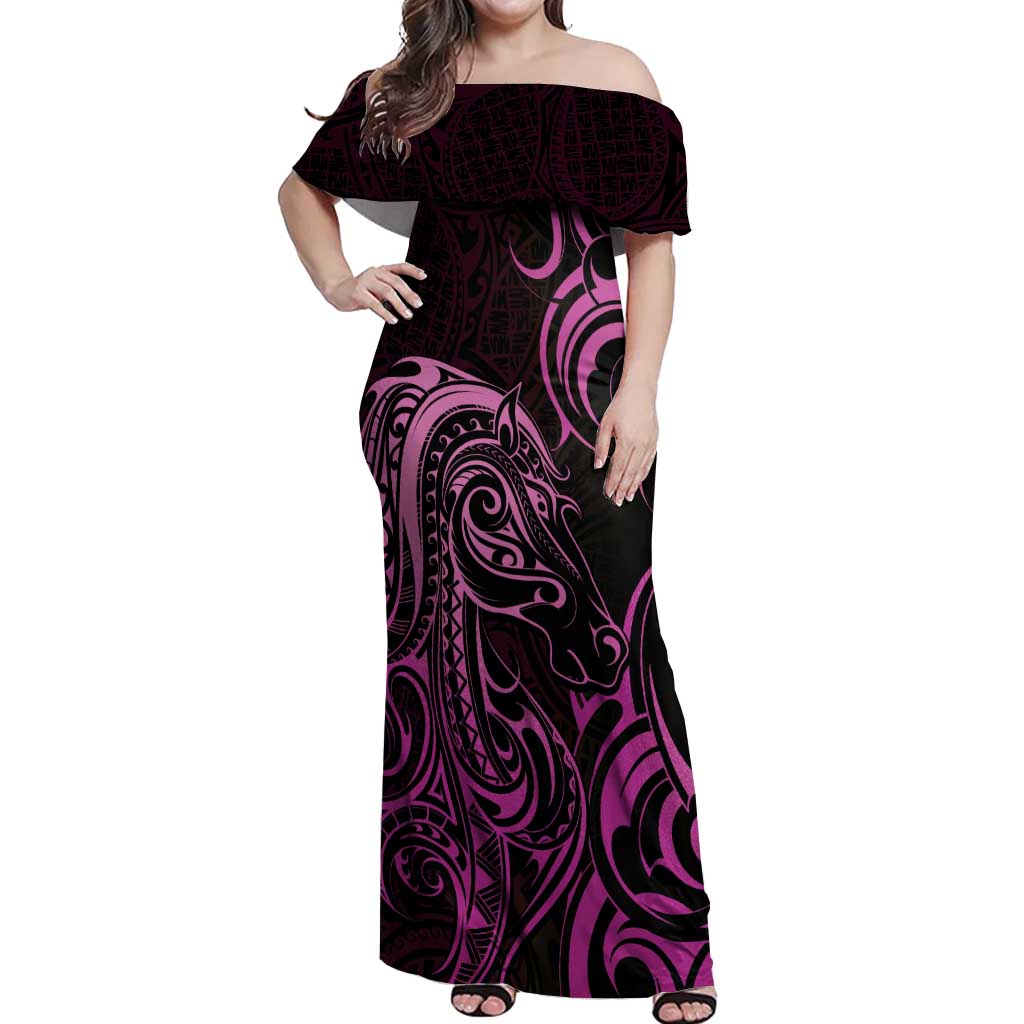 Pink Aotearoa Horse Racing Off Shoulder Maxi Dress NZ Maori Pattern LT14 Women Pink - Polynesian Pride