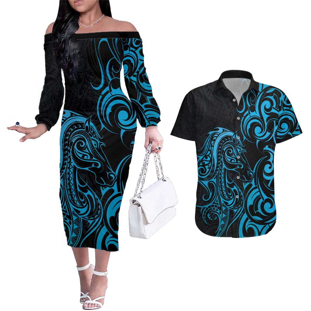 Blue Aotearoa Horse Racing Couples Matching Off The Shoulder Long Sleeve Dress and Hawaiian Shirt NZ Maori Pattern LT14 Blue - Polynesian Pride