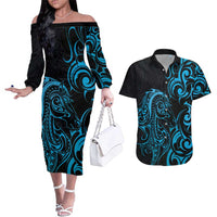 Blue Aotearoa Horse Racing Couples Matching Off The Shoulder Long Sleeve Dress and Hawaiian Shirt NZ Maori Pattern LT14 Blue - Polynesian Pride