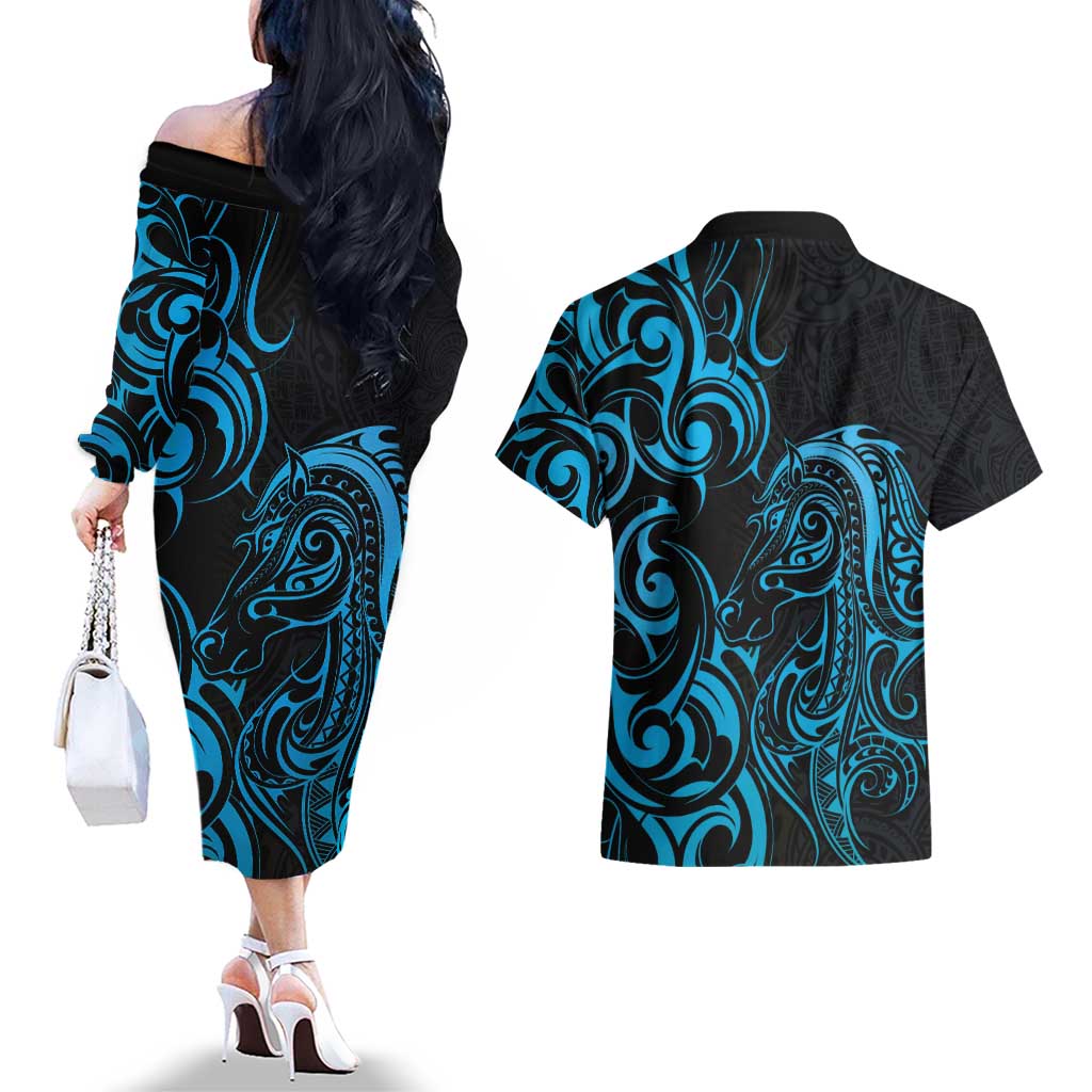 Blue Aotearoa Horse Racing Couples Matching Off The Shoulder Long Sleeve Dress and Hawaiian Shirt NZ Maori Pattern LT14 - Polynesian Pride