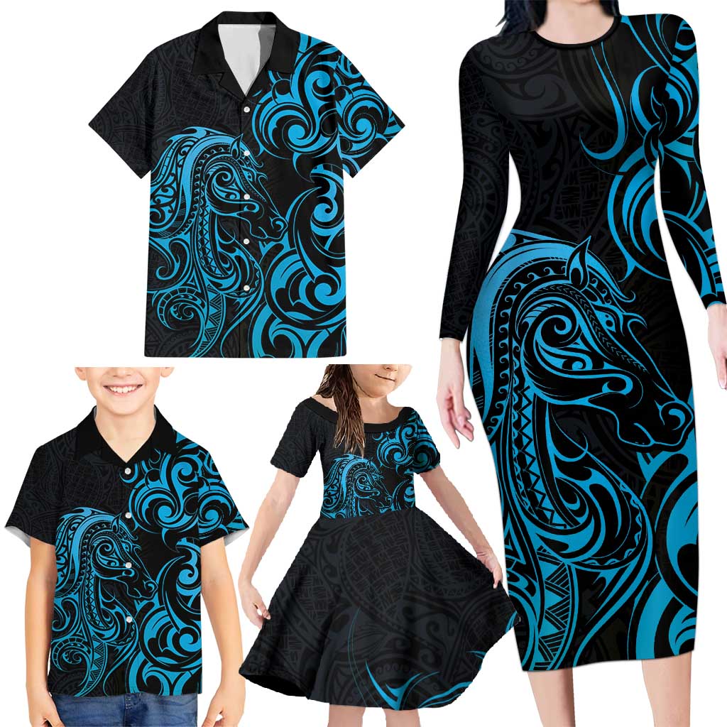 Blue Aotearoa Horse Racing Family Matching Long Sleeve Bodycon Dress and Hawaiian Shirt NZ Maori Pattern LT14 - Polynesian Pride