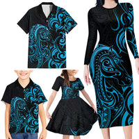 Blue Aotearoa Horse Racing Family Matching Long Sleeve Bodycon Dress and Hawaiian Shirt NZ Maori Pattern LT14 - Polynesian Pride