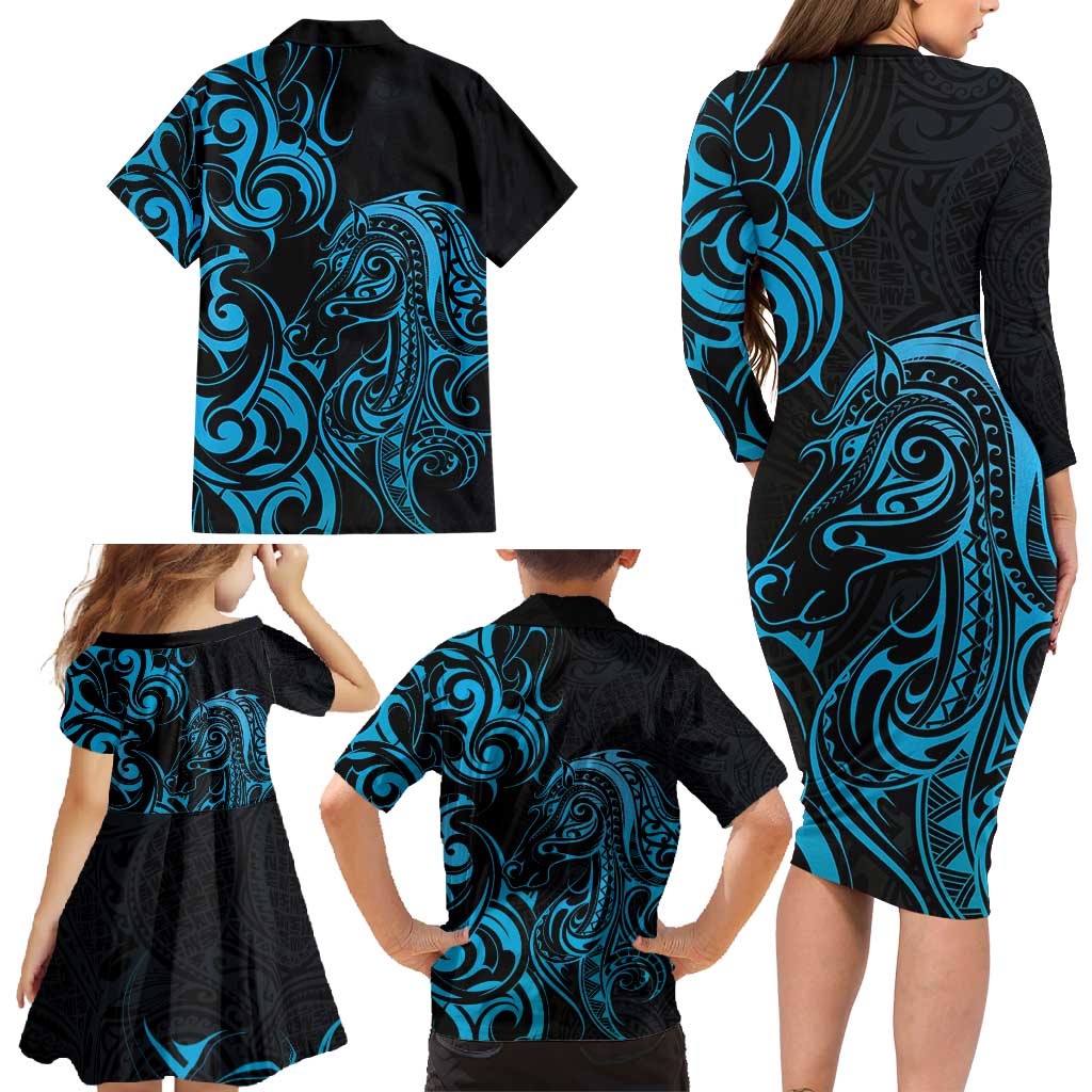 Blue Aotearoa Horse Racing Family Matching Long Sleeve Bodycon Dress and Hawaiian Shirt NZ Maori Pattern LT14 - Polynesian Pride