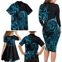 Blue Aotearoa Horse Racing Family Matching Long Sleeve Bodycon Dress and Hawaiian Shirt NZ Maori Pattern LT14 - Polynesian Pride