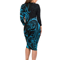 Blue Aotearoa Horse Racing Family Matching Long Sleeve Bodycon Dress and Hawaiian Shirt NZ Maori Pattern LT14 - Polynesian Pride