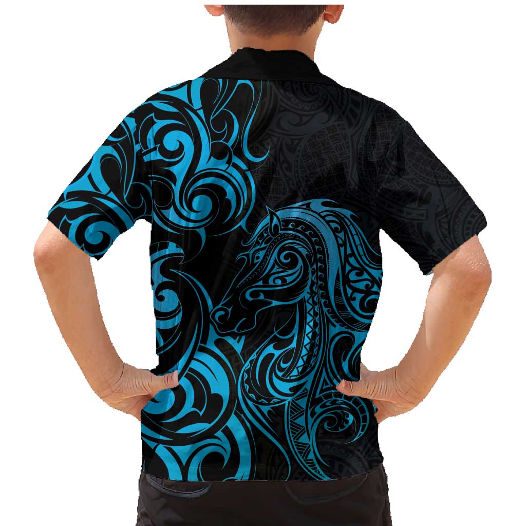 Blue Aotearoa Horse Racing Family Matching Mermaid Dress and Hawaiian Shirt NZ Maori Pattern LT14 - Polynesian Pride