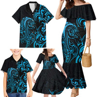 Blue Aotearoa Horse Racing Family Matching Mermaid Dress and Hawaiian Shirt NZ Maori Pattern LT14 - Polynesian Pride