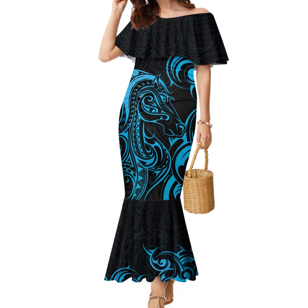Blue Aotearoa Horse Racing Family Matching Mermaid Dress and Hawaiian Shirt NZ Maori Pattern LT14 Mom's Dress Blue - Polynesian Pride