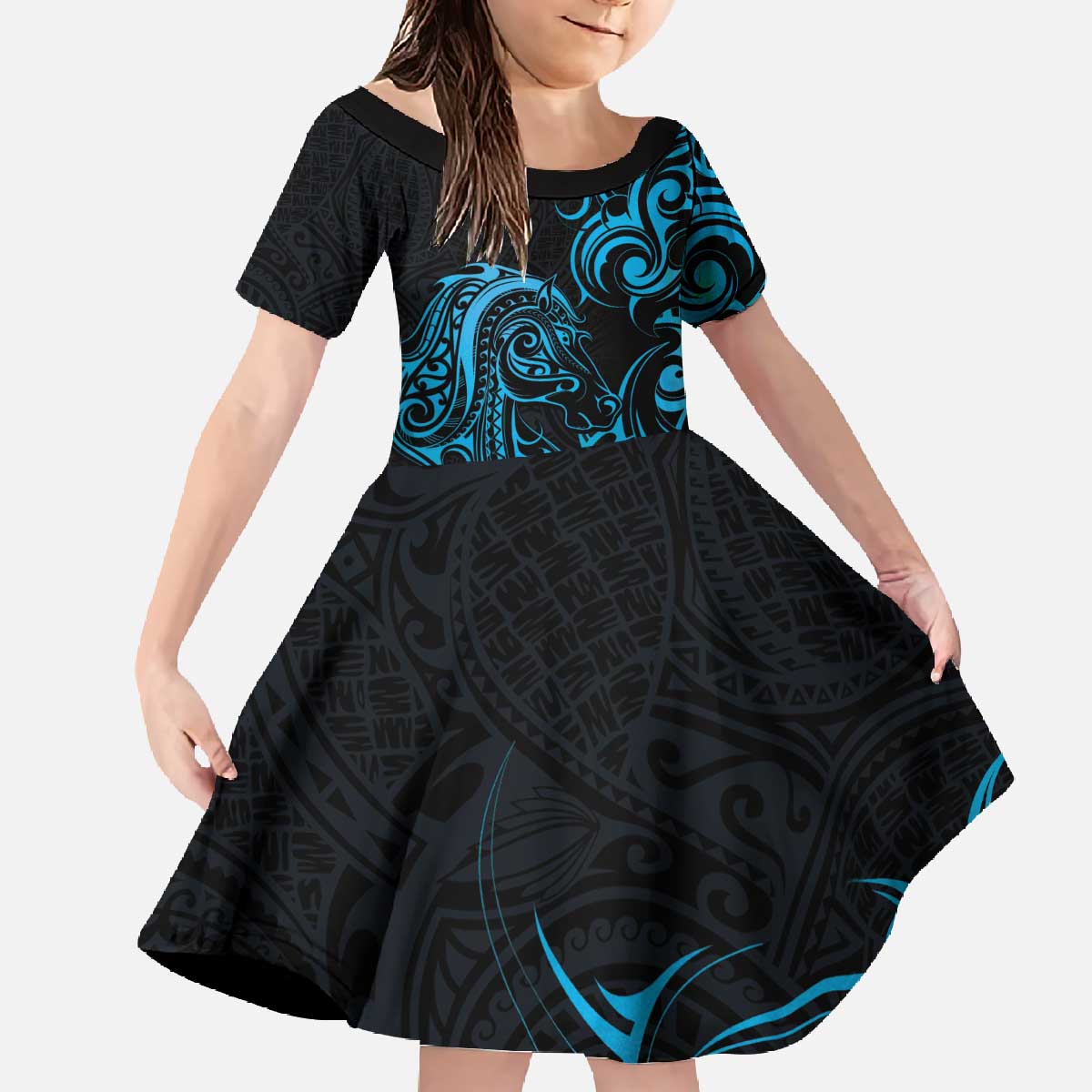 Blue Aotearoa Horse Racing Family Matching Off The Shoulder Long Sleeve Dress and Hawaiian Shirt NZ Maori Pattern LT14 Daughter's Dress Blue - Polynesian Pride