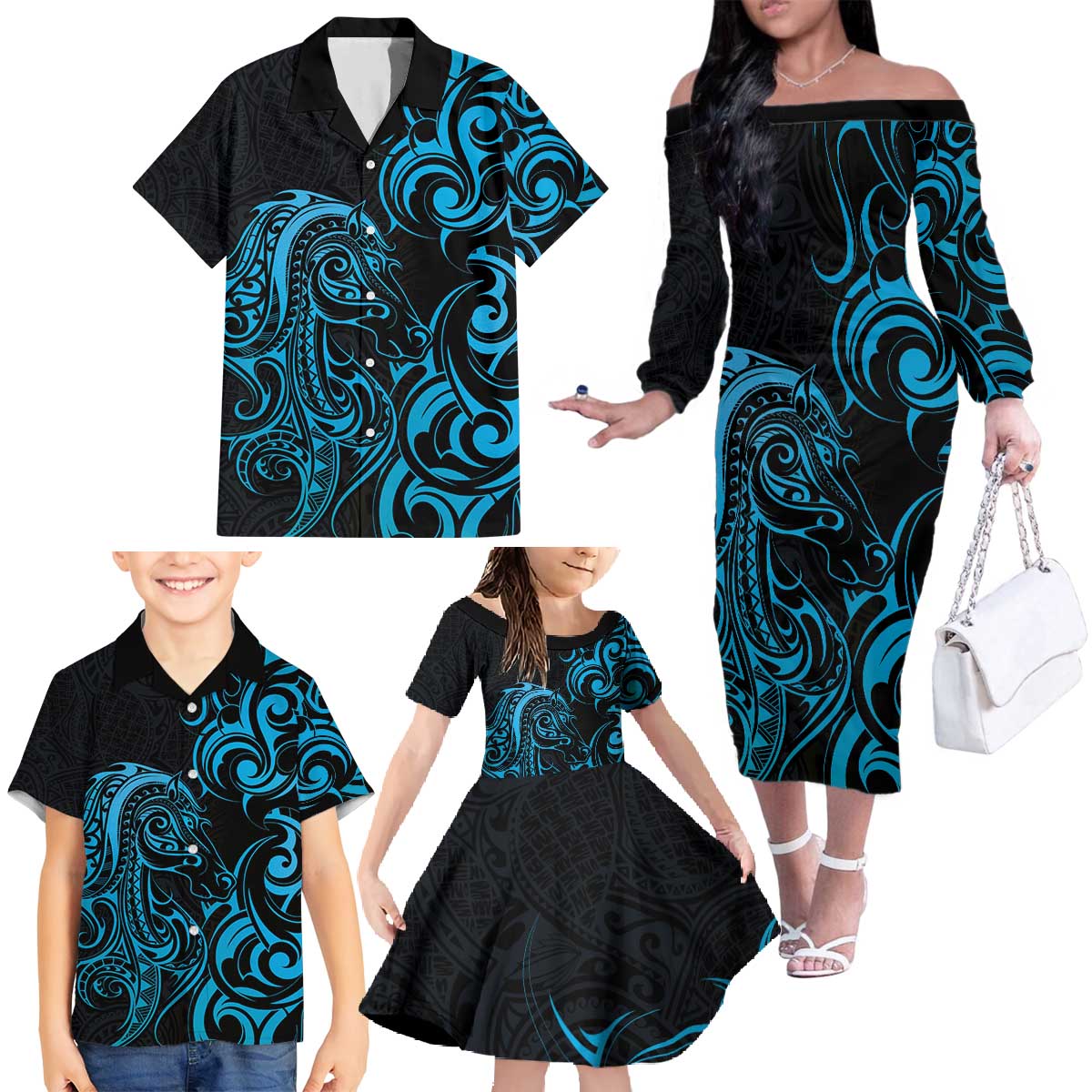 Blue Aotearoa Horse Racing Family Matching Off The Shoulder Long Sleeve Dress and Hawaiian Shirt NZ Maori Pattern LT14 - Polynesian Pride