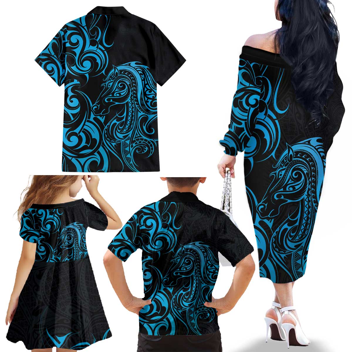 Blue Aotearoa Horse Racing Family Matching Off The Shoulder Long Sleeve Dress and Hawaiian Shirt NZ Maori Pattern LT14 - Polynesian Pride