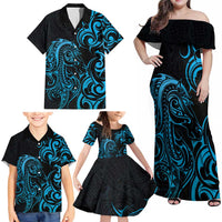 Blue Aotearoa Horse Racing Family Matching Off Shoulder Maxi Dress and Hawaiian Shirt NZ Maori Pattern LT14 - Polynesian Pride