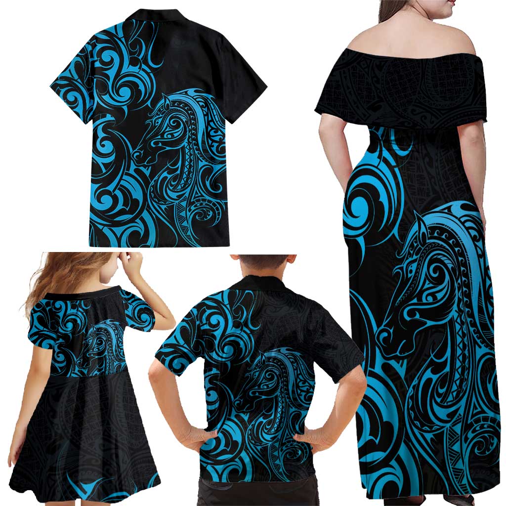 Blue Aotearoa Horse Racing Family Matching Off Shoulder Maxi Dress and Hawaiian Shirt NZ Maori Pattern LT14 - Polynesian Pride