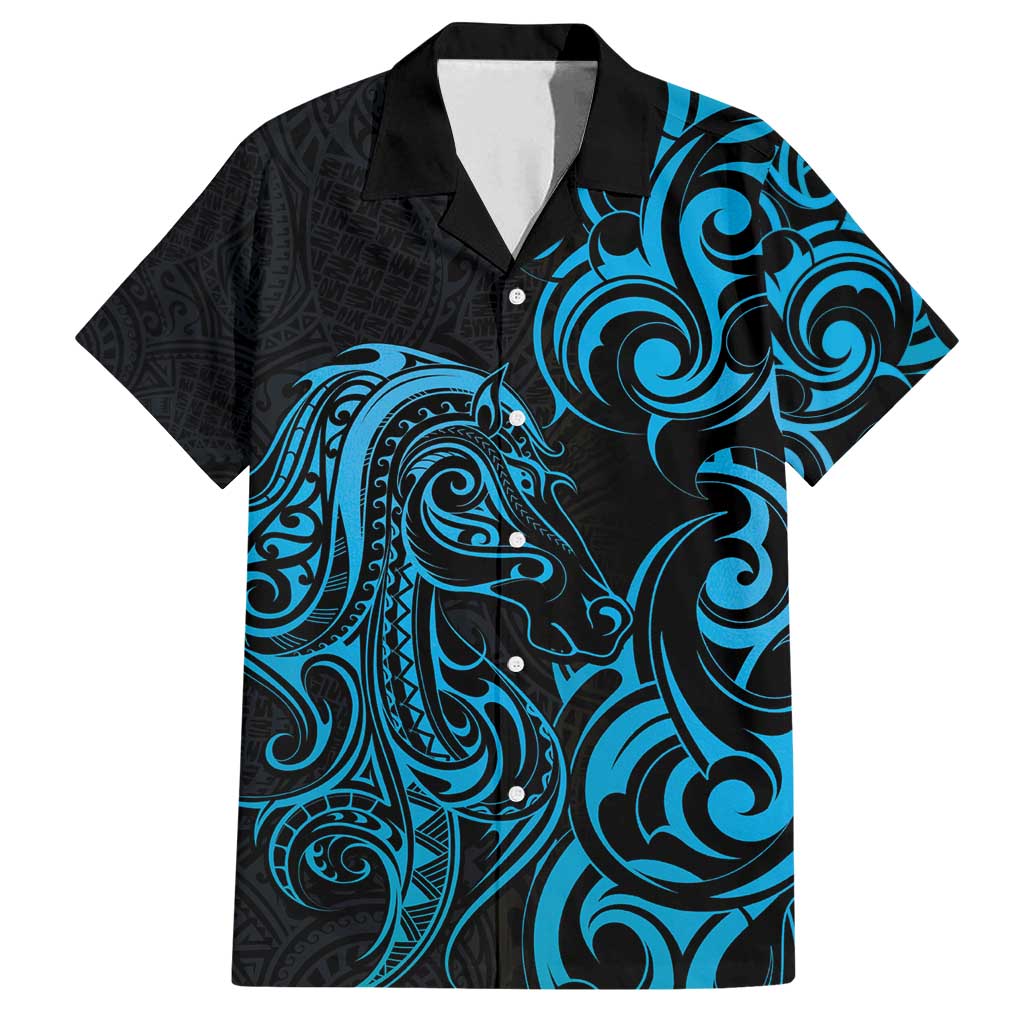 Blue Aotearoa Horse Racing Family Matching Off Shoulder Maxi Dress and Hawaiian Shirt NZ Maori Pattern LT14 Dad's Shirt - Short Sleeve Blue - Polynesian Pride