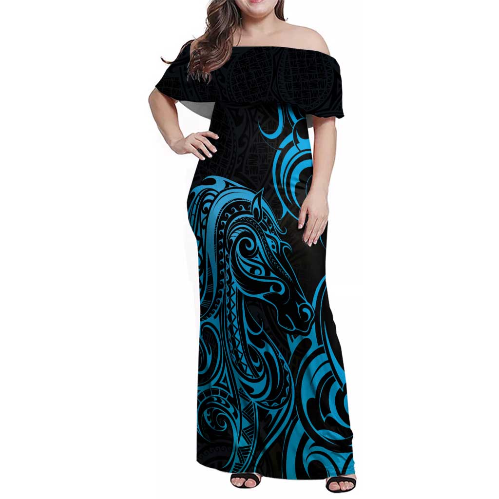 Blue Aotearoa Horse Racing Family Matching Off Shoulder Maxi Dress and Hawaiian Shirt NZ Maori Pattern LT14 Mom's Dress Blue - Polynesian Pride