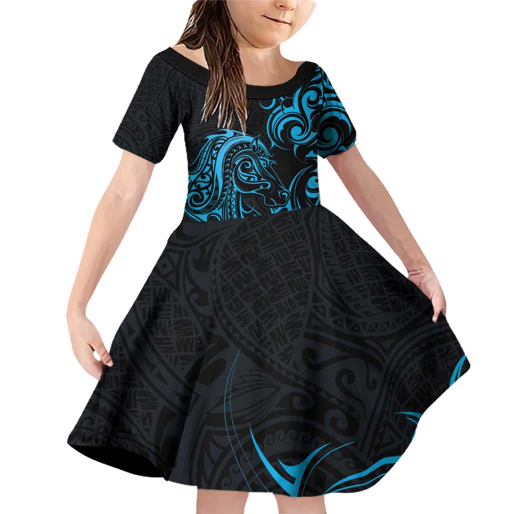 Blue Aotearoa Horse Racing Family Matching Off Shoulder Short Dress and Hawaiian Shirt NZ Maori Pattern LT14 Daughter's Dress Blue - Polynesian Pride