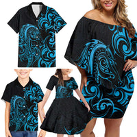 Blue Aotearoa Horse Racing Family Matching Off Shoulder Short Dress and Hawaiian Shirt NZ Maori Pattern LT14 - Polynesian Pride