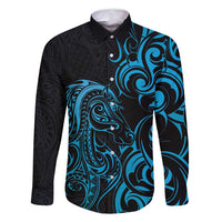 Blue Aotearoa Horse Racing Family Matching Off Shoulder Short Dress and Hawaiian Shirt NZ Maori Pattern LT14 Dad's Shirt - Long Sleeve Blue - Polynesian Pride