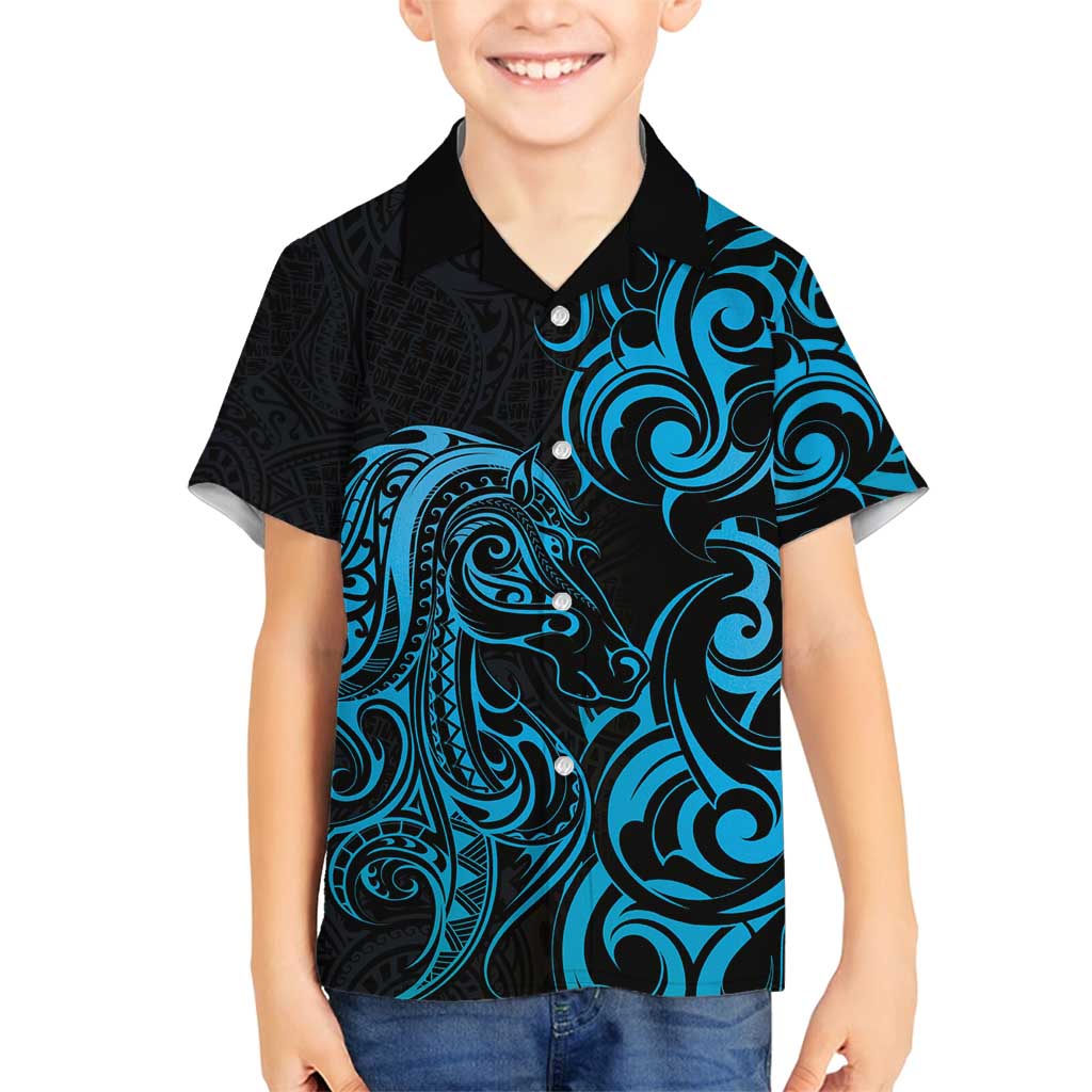 Blue Aotearoa Horse Racing Family Matching Off Shoulder Short Dress and Hawaiian Shirt NZ Maori Pattern LT14 Son's Shirt Blue - Polynesian Pride