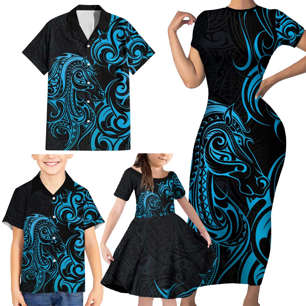 Blue Aotearoa Horse Racing Family Matching Short Sleeve Bodycon Dress and Hawaiian Shirt NZ Maori Pattern LT14 - Polynesian Pride