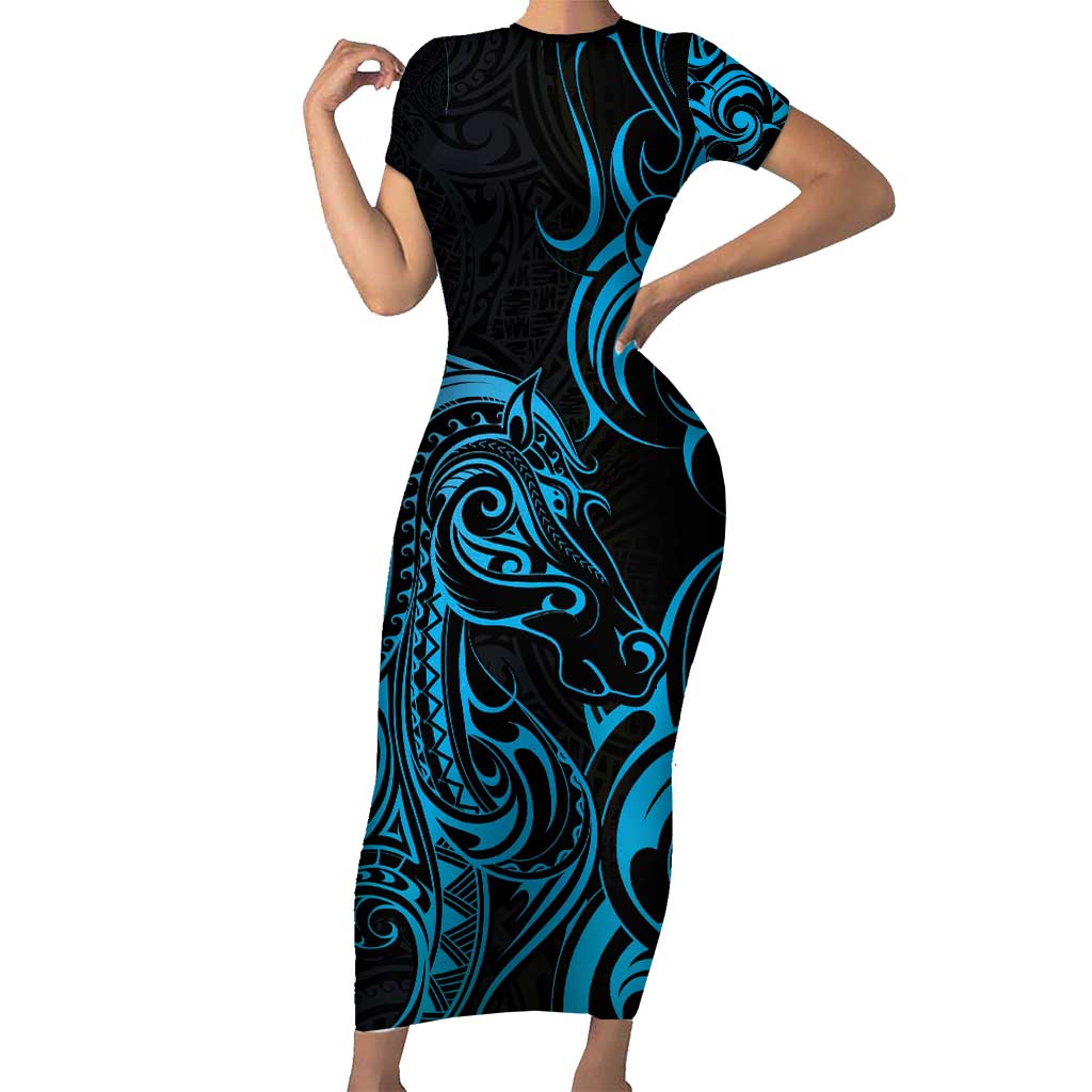 Blue Aotearoa Horse Racing Family Matching Short Sleeve Bodycon Dress and Hawaiian Shirt NZ Maori Pattern LT14 Mom's Dress Blue - Polynesian Pride