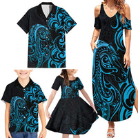 Blue Aotearoa Horse Racing Family Matching Summer Maxi Dress and Hawaiian Shirt NZ Maori Pattern LT14 - Polynesian Pride