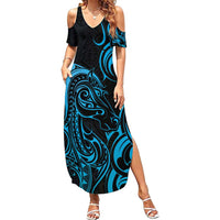 Blue Aotearoa Horse Racing Family Matching Summer Maxi Dress and Hawaiian Shirt NZ Maori Pattern LT14 Mom's Dress Blue - Polynesian Pride