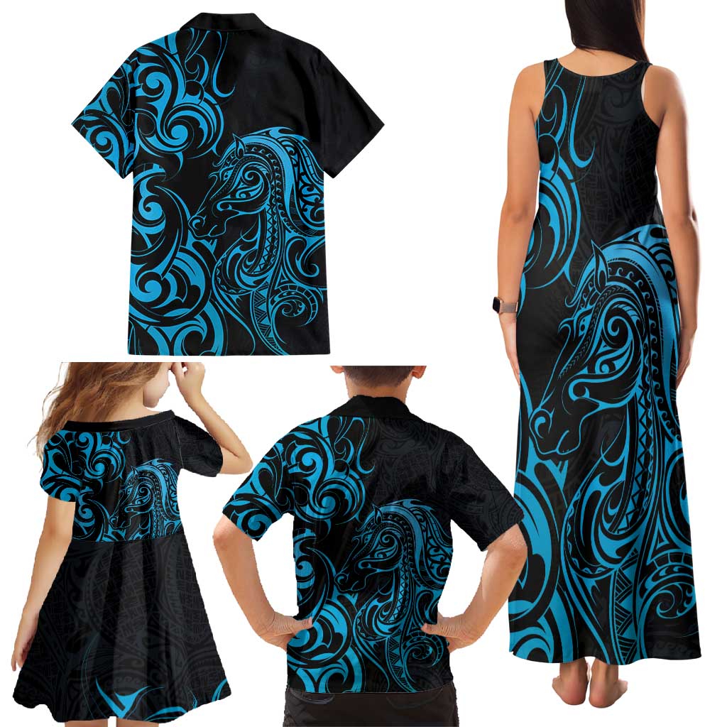 Blue Aotearoa Horse Racing Family Matching Tank Maxi Dress and Hawaiian Shirt NZ Maori Pattern LT14 - Polynesian Pride