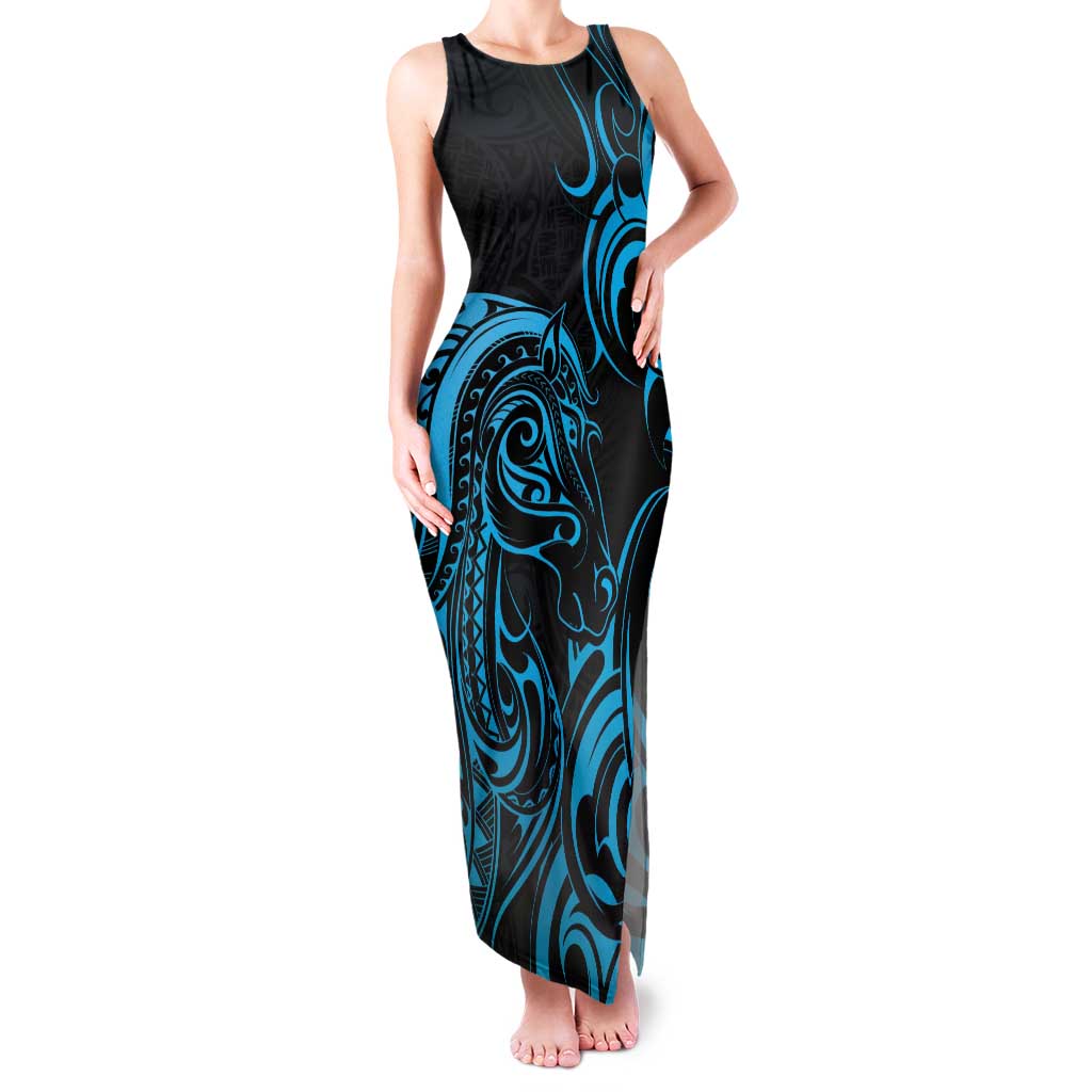 Blue Aotearoa Horse Racing Family Matching Tank Maxi Dress and Hawaiian Shirt NZ Maori Pattern LT14 Mom's Dress Blue - Polynesian Pride