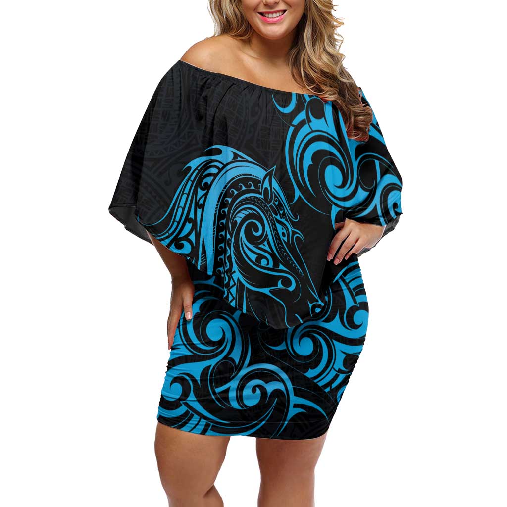 Blue Aotearoa Horse Racing Off Shoulder Short Dress NZ Maori Pattern LT14 Women Blue - Polynesian Pride