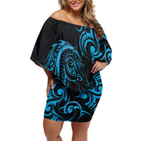 Blue Aotearoa Horse Racing Off Shoulder Short Dress NZ Maori Pattern LT14 Women Blue - Polynesian Pride
