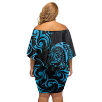 Blue Aotearoa Horse Racing Off Shoulder Short Dress NZ Maori Pattern LT14 - Polynesian Pride