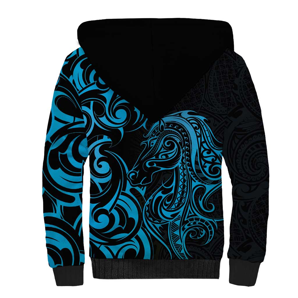 Blue Aotearoa Horse Racing Sherpa Hoodie NZ Maori Pattern LT14 - Polynesian Pride