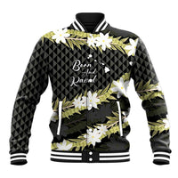 Born And Raised Aloha Hawaii Baseball Jacket Kanaka Kakau Hawaiian Tiare Pakalana Lei LT14 Unisex Black - Polynesian Pride