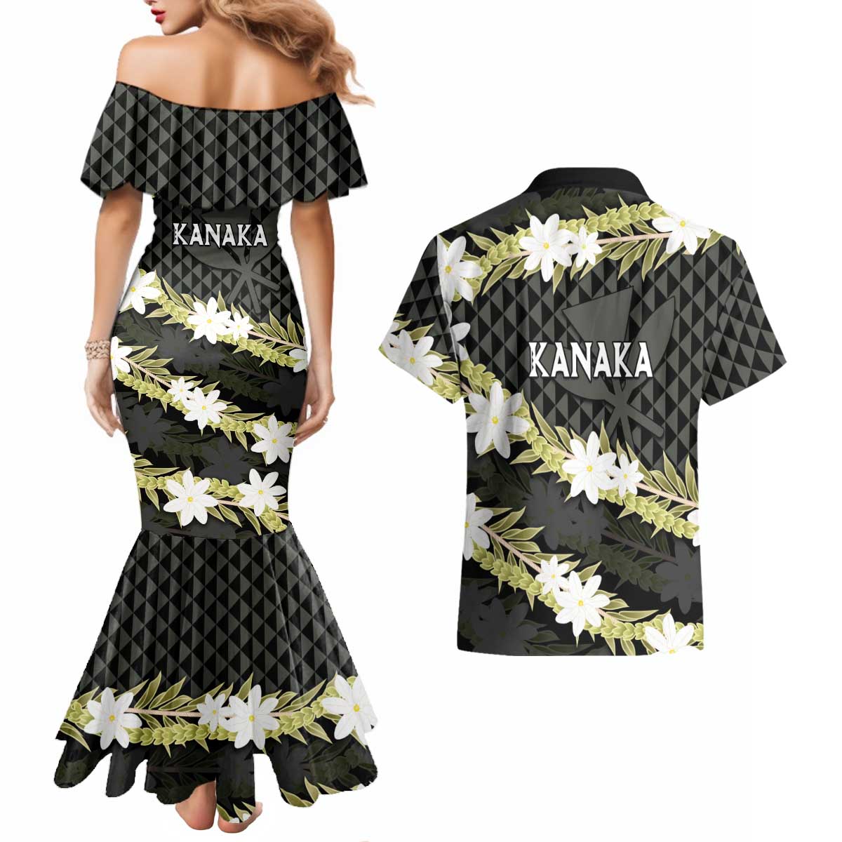 Born And Raised Aloha Hawaii Couples Matching Mermaid Dress and Hawaiian Shirt Kanaka Kakau Hawaiian Tiare Pakalana Lei LT14 - Polynesian Pride