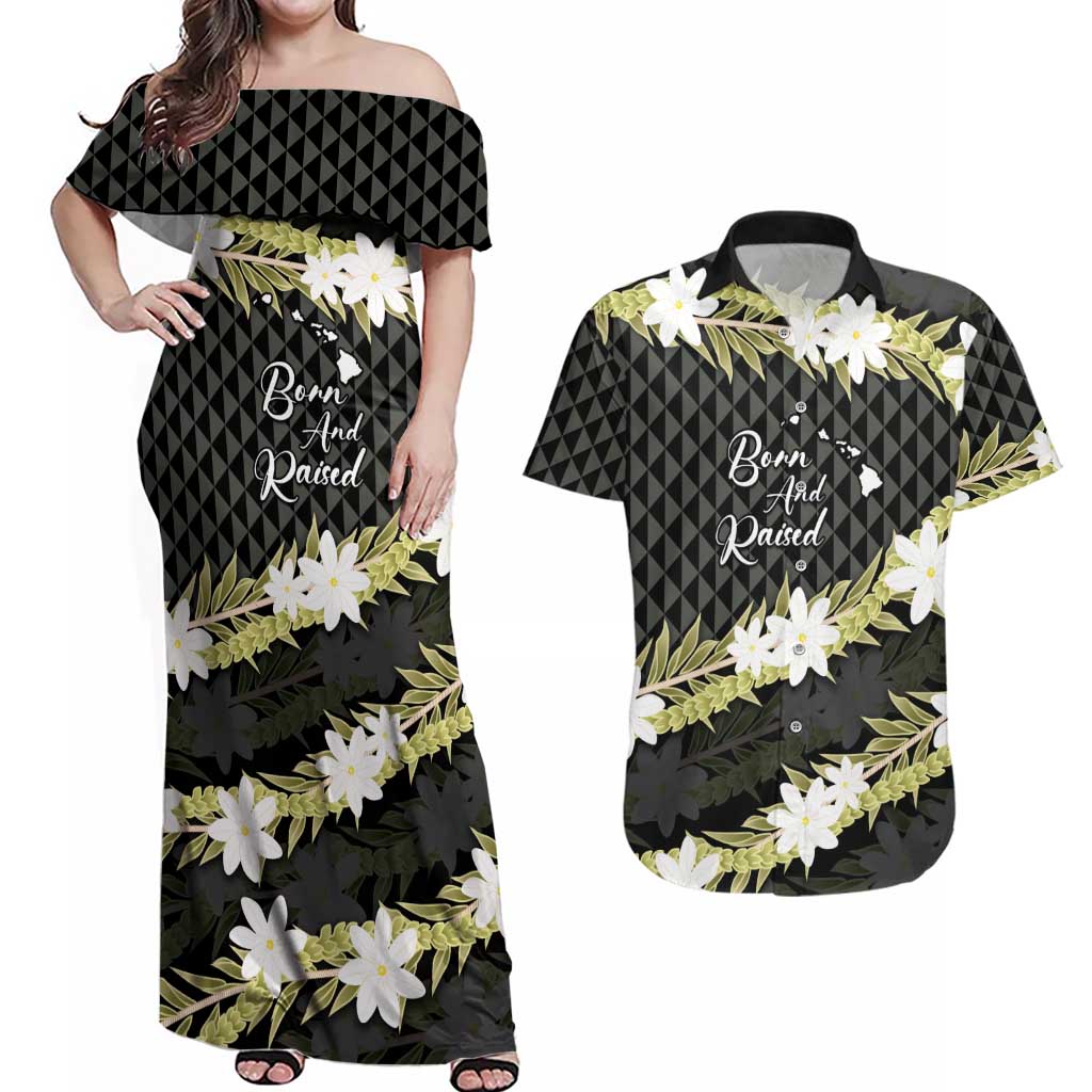 Born And Raised Aloha Hawaii Couples Matching Off Shoulder Maxi Dress and Hawaiian Shirt Kanaka Kakau Hawaiian Tiare Pakalana Lei - Polynesian Pride