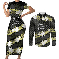 Born And Raised Aloha Hawaii Couples Matching Short Sleeve Bodycon Dress and Long Sleeve Button Shirt Kanaka Kakau Hawaiian Tiare Pakalana Lei LT14 Black - Polynesian Pride