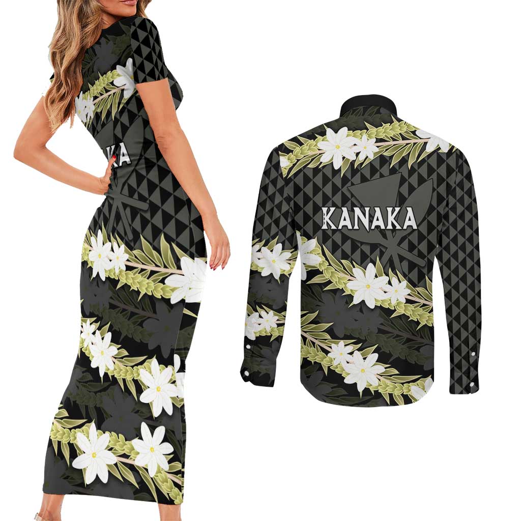 Born And Raised Aloha Hawaii Couples Matching Short Sleeve Bodycon Dress and Long Sleeve Button Shirt Kanaka Kakau Hawaiian Tiare Pakalana Lei LT14 - Polynesian Pride