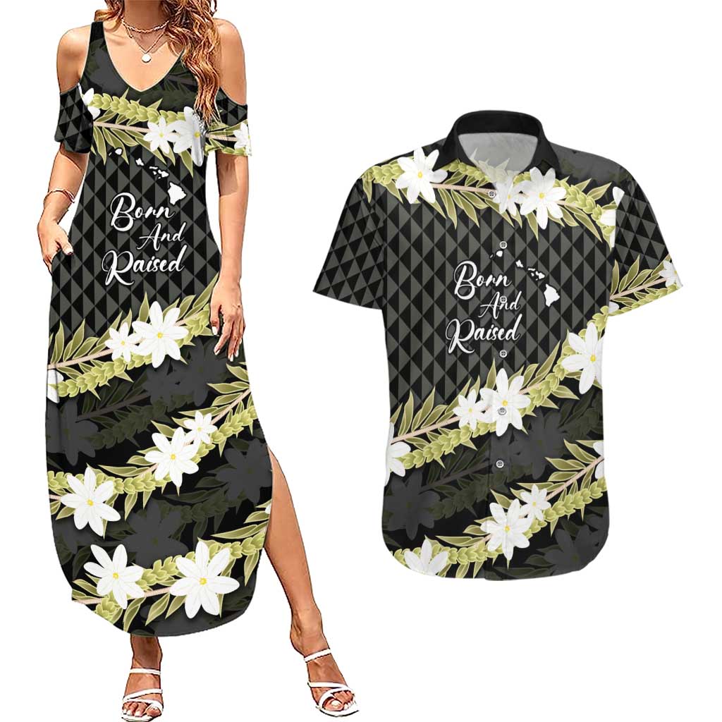 Born And Raised Aloha Hawaii Couples Matching Summer Maxi Dress and Hawaiian Shirt Kanaka Kakau Hawaiian Tiare Pakalana Lei LT14 Black - Polynesian Pride