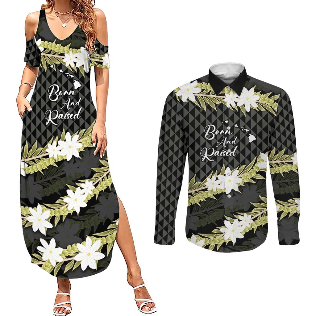 Born And Raised Aloha Hawaii Couples Matching Summer Maxi Dress and Long Sleeve Button Shirt Kanaka Kakau Hawaiian Tiare Pakalana Lei LT14 Black - Polynesian Pride