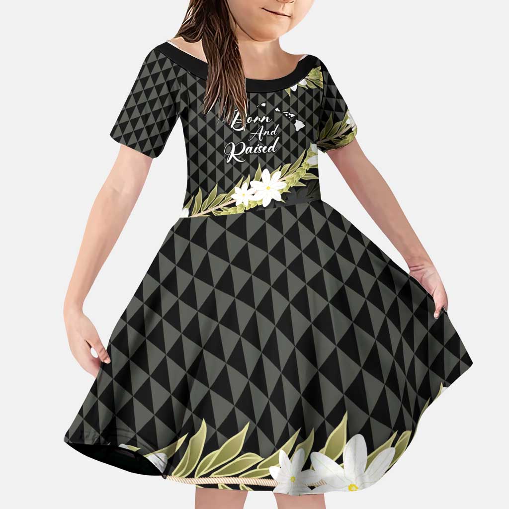 Born And Raised Aloha Hawaii Family Matching Mermaid Dress and Hawaiian Shirt Kanaka Kakau Hawaiian Tiare Pakalana Lei LT14 Daughter's Dress Black - Polynesian Pride