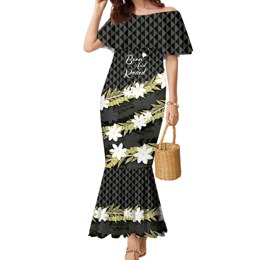 Born And Raised Aloha Hawaii Family Matching Mermaid Dress and Hawaiian Shirt Kanaka Kakau Hawaiian Tiare Pakalana Lei LT14 Mom's Dress Black - Polynesian Pride