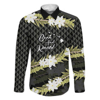 Born And Raised Aloha Hawaii Family Matching Off Shoulder Maxi Dress and Hawaiian Shirt Kanaka Kakau Hawaiian Tiare Pakalana Lei LT14 Dad's Shirt - Long Sleeve Black - Polynesian Pride