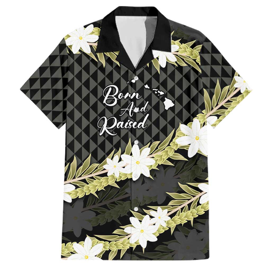 Born And Raised Aloha Hawaii Family Matching Off Shoulder Short Dress and Hawaiian Shirt Kanaka Kakau Hawaiian Tiare Pakalana Lei LT14 Dad's Shirt - Short Sleeve Black - Polynesian Pride