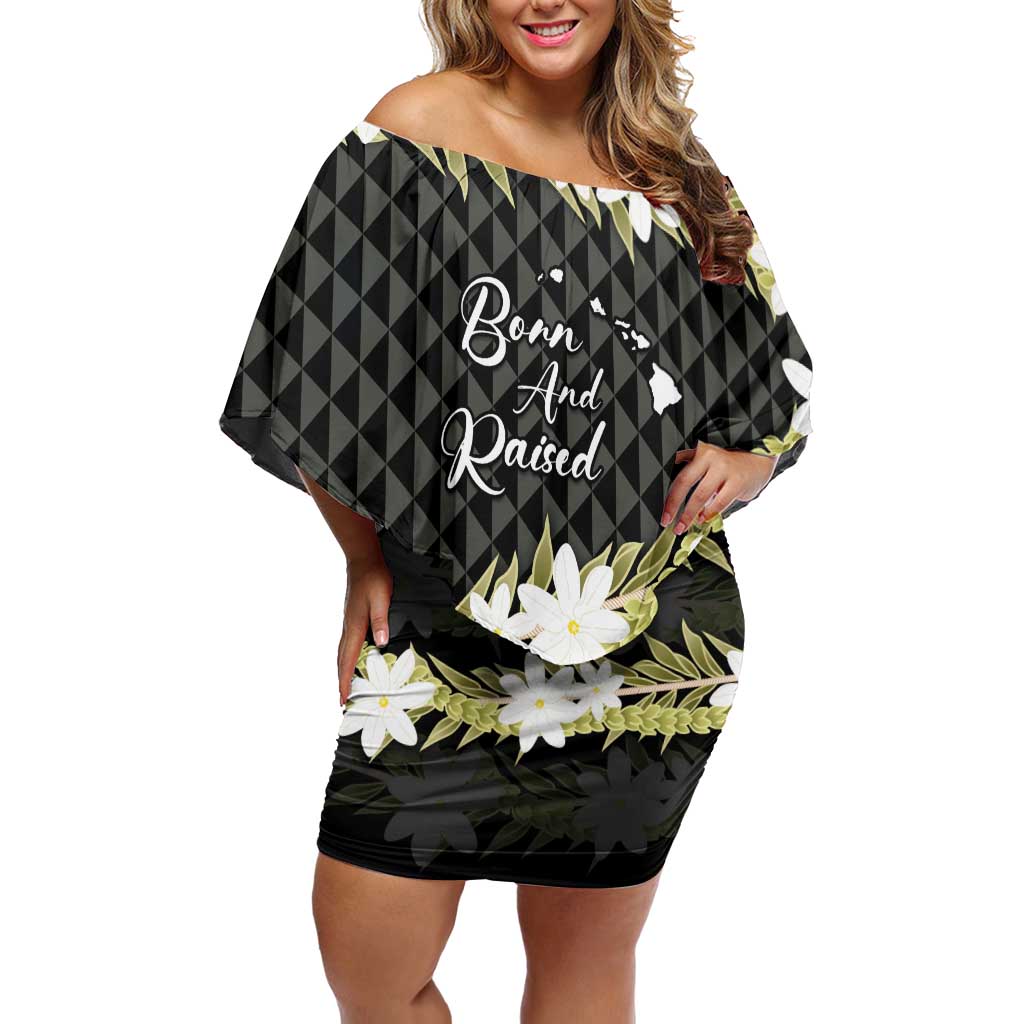 Born And Raised Aloha Hawaii Family Matching Off Shoulder Short Dress and Hawaiian Shirt Kanaka Kakau Hawaiian Tiare Pakalana Lei LT14 Mom's Dress Black - Polynesian Pride