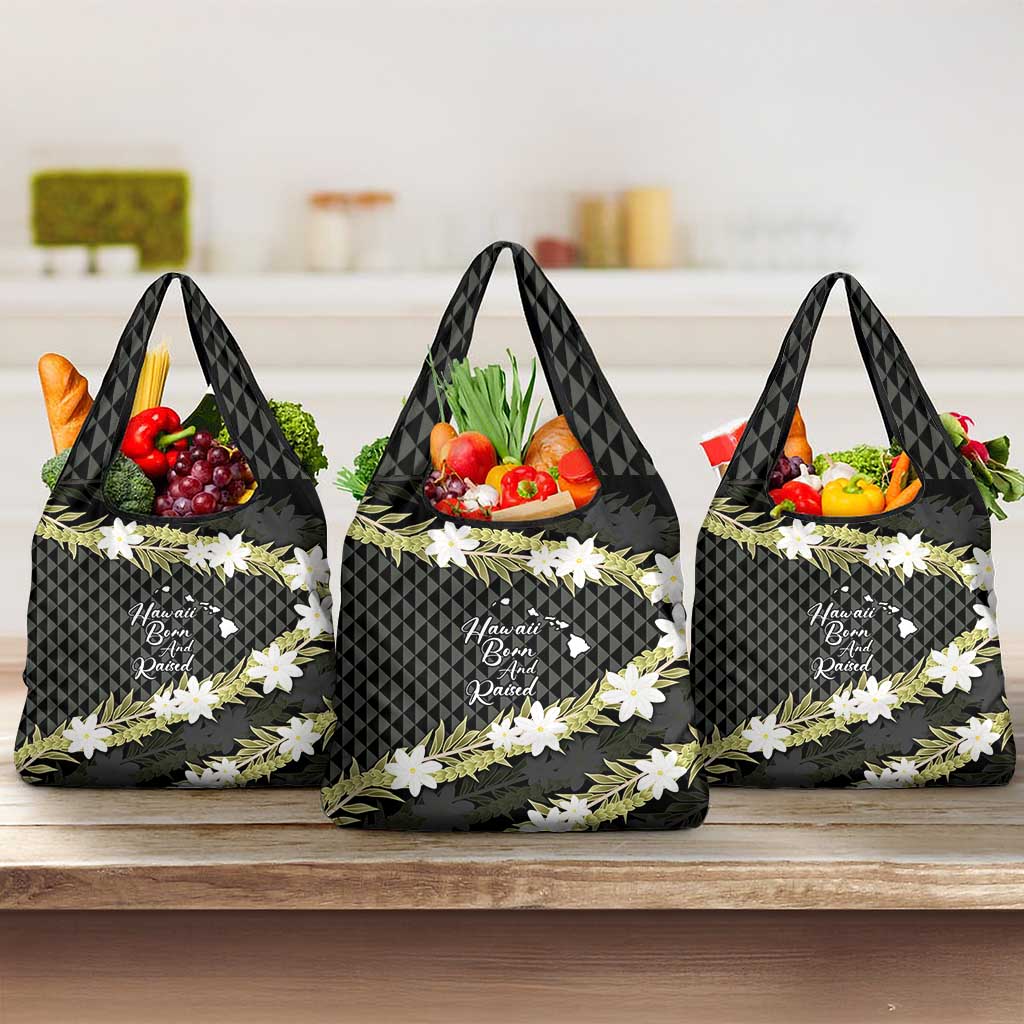 Born And Raised Aloha Hawaii Grocery Bag Kanaka Kakau Hawaiian Tiare Pakalana Lei LT14 3-pack One Size Black - Polynesian Pride